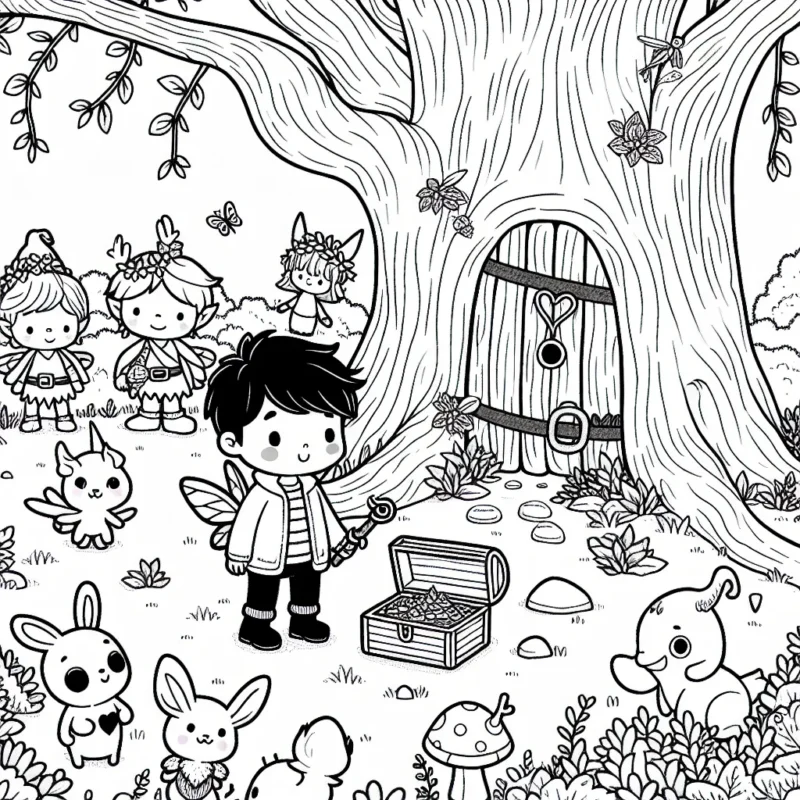 Un petit garçon se tient au milieu d'une forêt enchantée, explorant un trésor caché auprès d'un vieil arbre-elfe. Il y a plusieurs êtres fantaisistes autour, comme les fées, les animaux qui parlent, et une licorne.