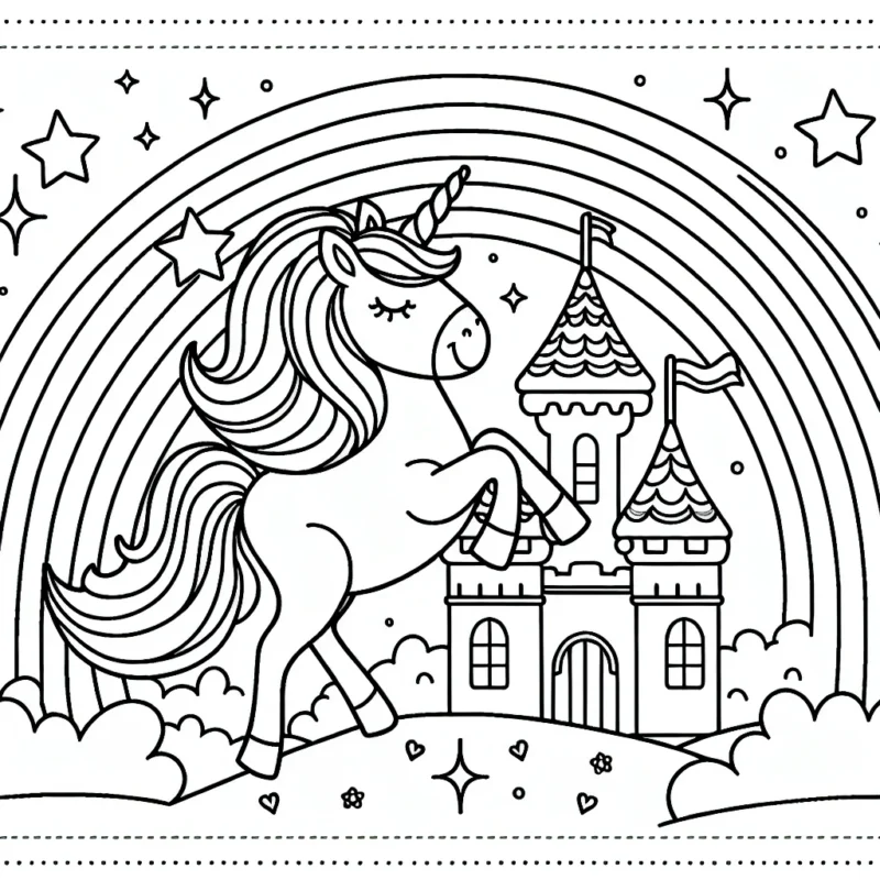 Un magnifique licorne dansant sur un arc-en-ciel devant un majestueux château de princesse.