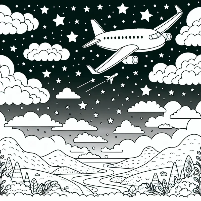 Un avion qui vole dans le ciel étoilé avec des nuages doux, volant au-dessus de différentes montagnes, rivières et forêts.