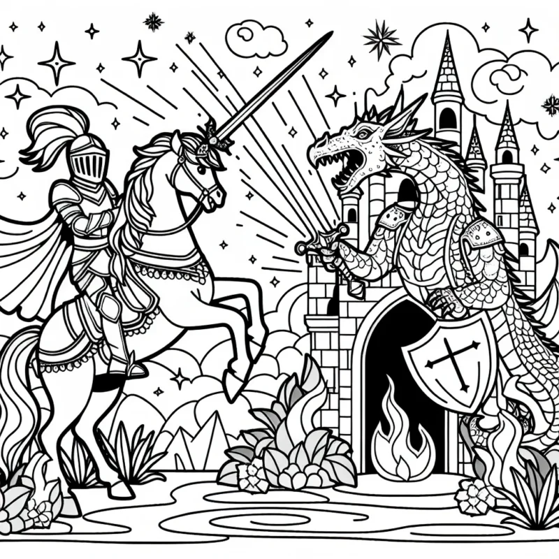 Un chevalier en armure étincelante défend un château en pierre de licorne mystique contre un dragon cracheur de feu.