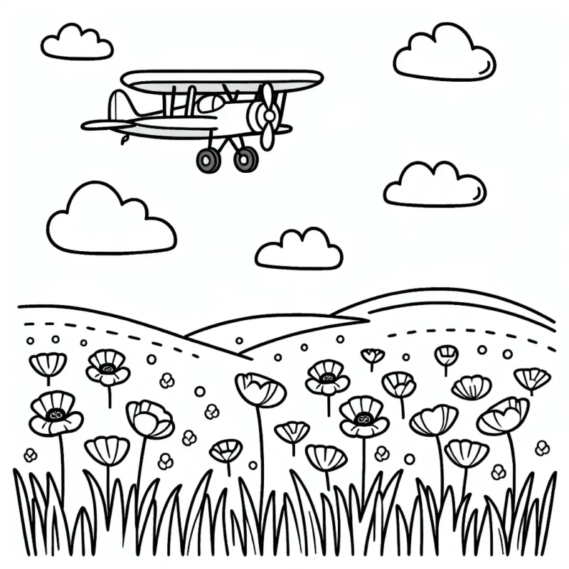 Dessine un avion volant haut dans le ciel, survolant un champ verdoyant parsemé de coquelicots. Ajoute également quelques petits nuages autour de l'avion.