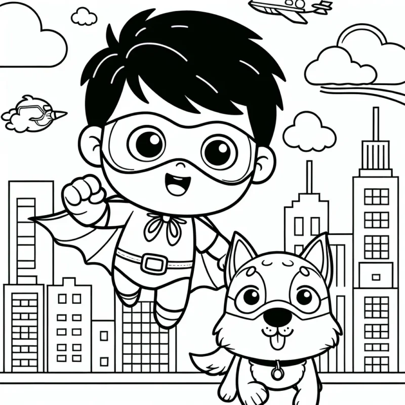 Imagine un petit garçon super-héros volant au dessus de la ville avec son chien super-héros