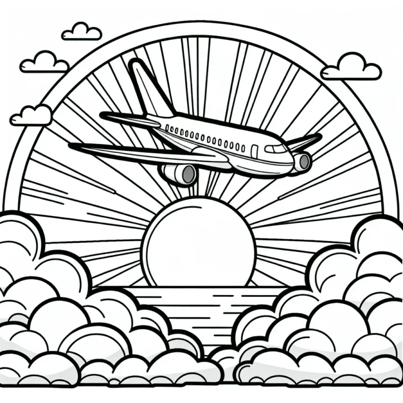 Un avion survolant les nuages avec le soleil se couchant à l'arrière-plan