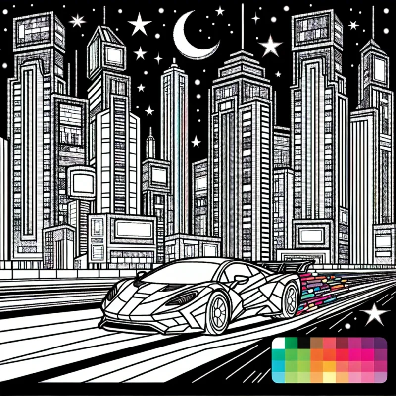 Une voiture de sport futuriste filant à travers une ville de néons vibrante et animée sous un ciel étoilé. Des gratte-ciels y sont parsemés de publicités lumineuses aux couleurs vives et aux formes géométriques.