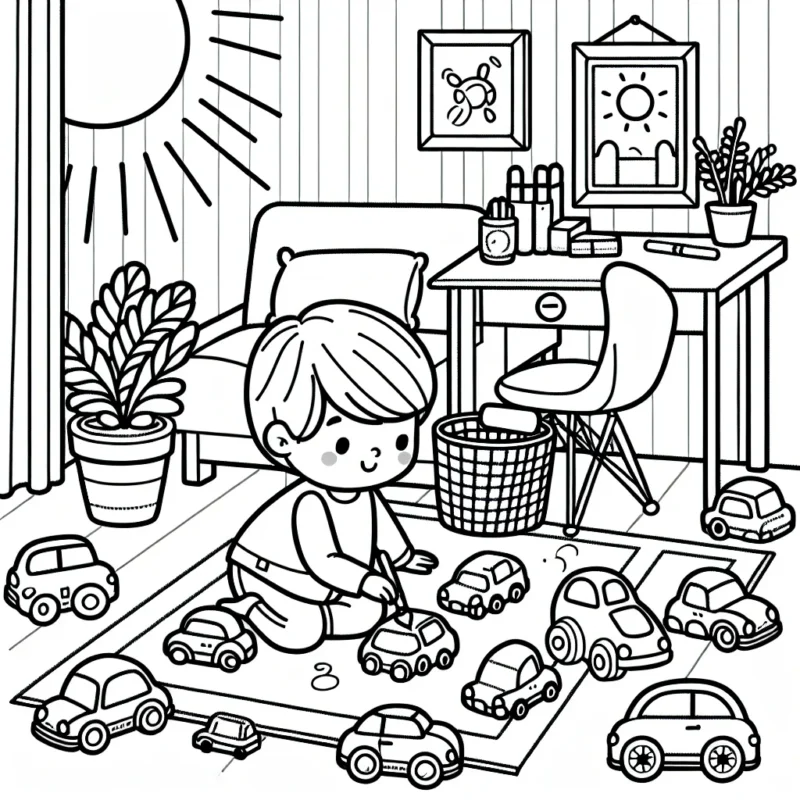 Un garçon joue avec ses voitures miniatures dans sa chambre remplie de rayons du soleil.
