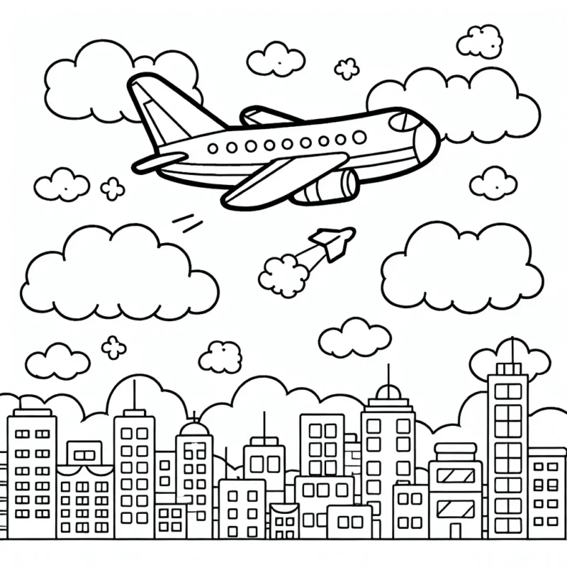 Dessinez et colorez un avion à réaction volant au-dessus des nuages, survolant une ville animée en dessous.