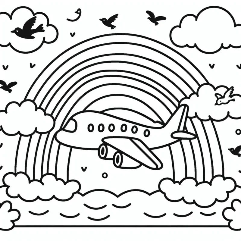 Dessine un avion jetant un arc-en-ciel dans le ciel entouré d'oiseaux et de nuages