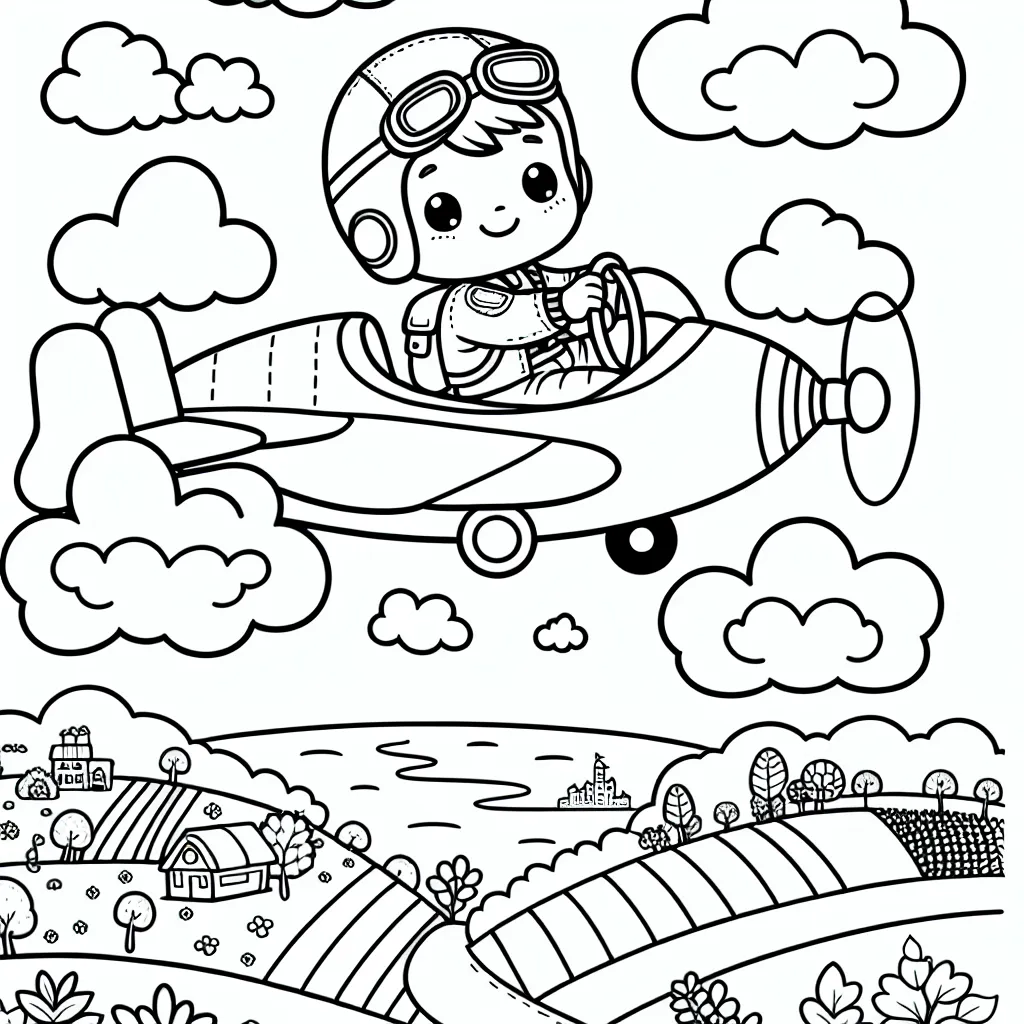 Un aventurier aviateur vole au-dessus des nuages avec son petit avion à hélice, en dessous de lui on peut voir une ville, des champs et un fleuve