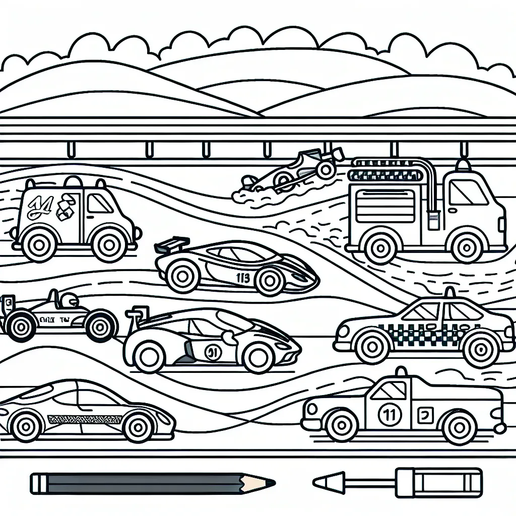 Dessine une grande course de voitures avec plusieurs types de véhicules comme une voiture de course rouge, une voiture de police bleue, un taxi jaune et une voiture de pompiers. N'oublie pas d'ajouter le paysage en arrière-plan.