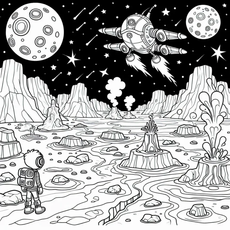 Sur une traîne de lave, un robot volant et un petit garçon explorent le terrain hostile d'une planète martienne. Ils traversent un paysage parsemé de roches rougeâtres et orange, de crevasses et de geysers émanant de vapeurs bleutées. Dans le ciel, deux lunes illuminent la scène, et des étoiles lointaines parsemées dans le ciel sombre.