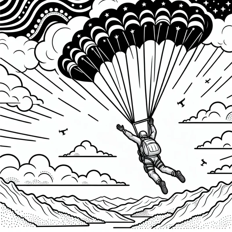 Un parachutiste audacieux descendant avec son parachute ouvert dans un ciel rempli de nuages, avec en arrière-plan une vue imprenable sur les montagnes.