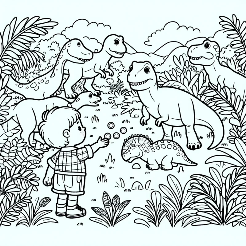 Un petit garçon joue avec une horde de gentils dinosaures dans un parc jurassique