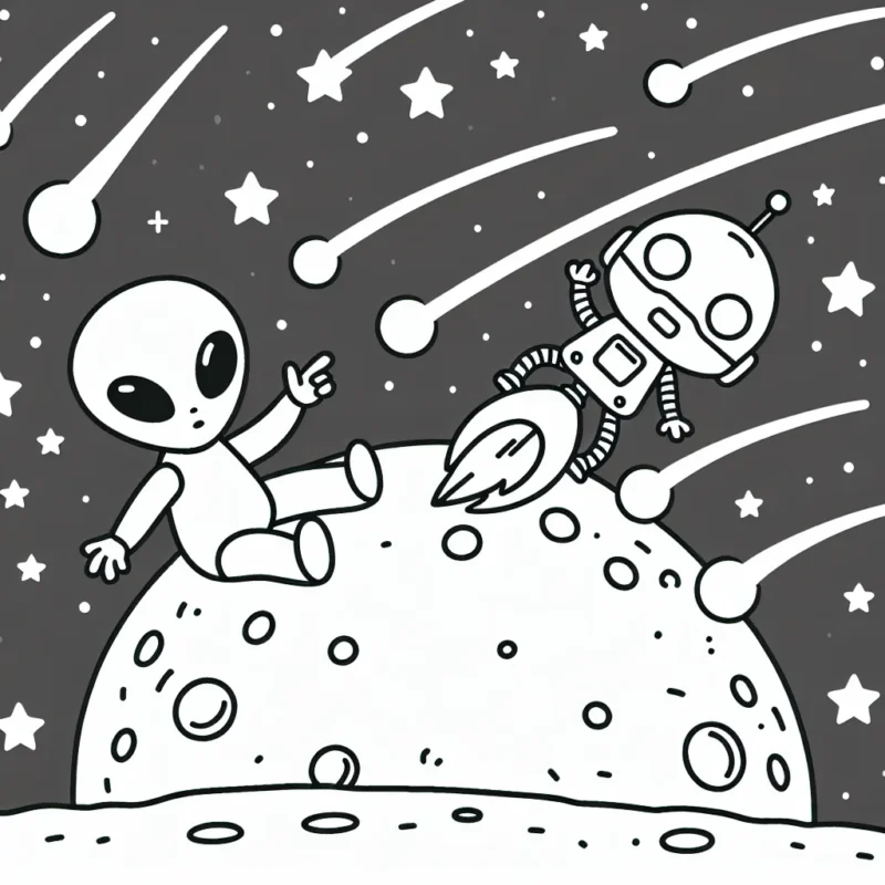 Un extraterrestre joue avec un robot sur la lune, alors que des étoiles filantes passent dans le ciel.