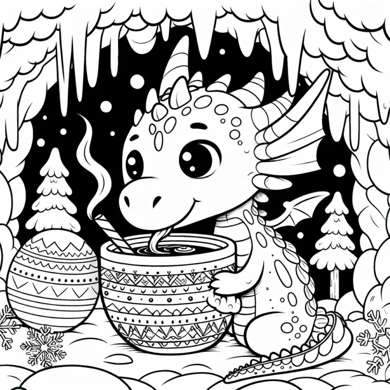 Un dragon buvant un chocolat chaud dans sa grotte enneigée