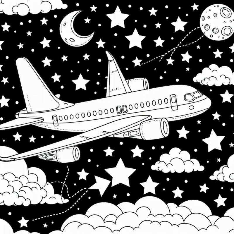 Dessine un avion en plein vol traversant un ciel étoilé. Assure-toi d'inclure de nombreuses étoiles, une lune brillante et des nuages doux. L'avion peut être détaillé avec des fenêtres, des ailes et même un logo de compagnie aérienne sur son côté.