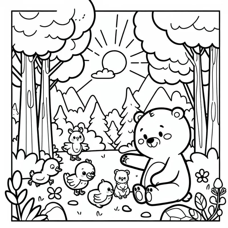 Un mignon petit ourson joue avec ses amis animaux de la forêt dans une clairière ensoleillée.