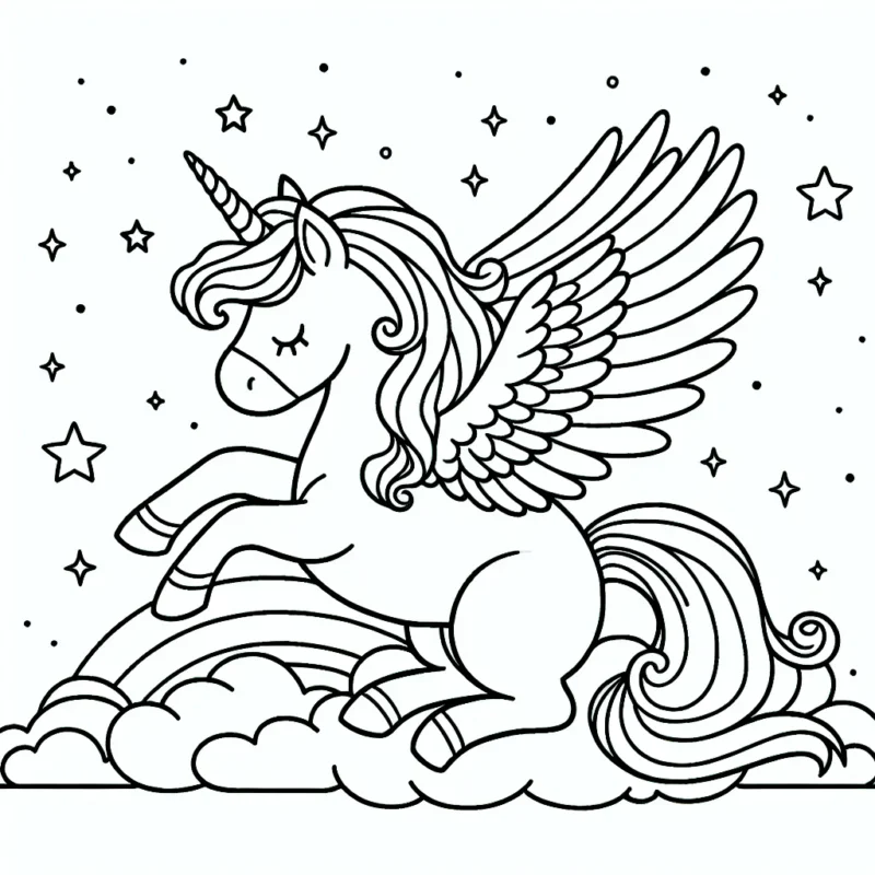 Dessine une magnifique licorne ailée prête à s'envoler dans un ciel étoilé tout en ajoutant de la couleur à ses ailes, sa crinière et sa queue arc-en-ciel.