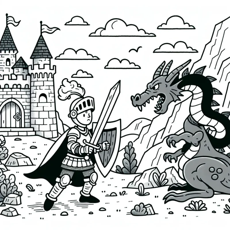 Un petit garçon, courageux chevalier, défendant son royaume contre un dragon féroce, tout près d'un château médiéval.