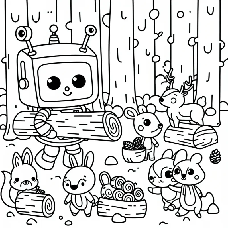 Un petit robot aidant les animaux de la forêt à préparer l'hiver