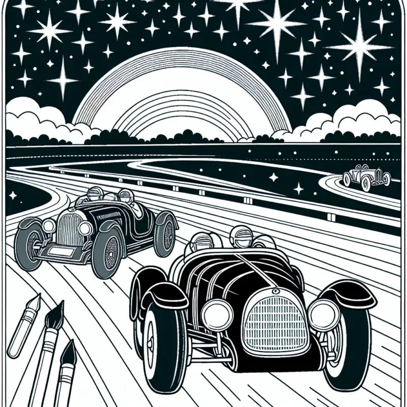 Dessinez une course passionnante de voitures anciennes sur une autoroute scintillante au crépuscule