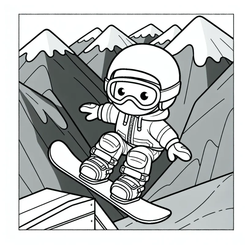 Dessine un snowboardeur arborant des équipements de sécurité alors qu'il se prépare à prendre un saut gigantesque avec les montagnes en arrière-plan.