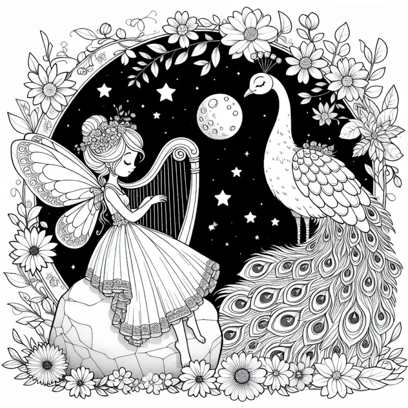Dans un cadre rempli de fleurs colorées, une petite fée dans une jolie robe vague est assise sur un rocher lisse en jouant de la harpe enchanteresse. Un paon majestueux déploie son plumage éblouissant en arrière-plan. Les étoiles scintillent dans le ciel et la lune est assise haut, veillant sur la scène sereine.