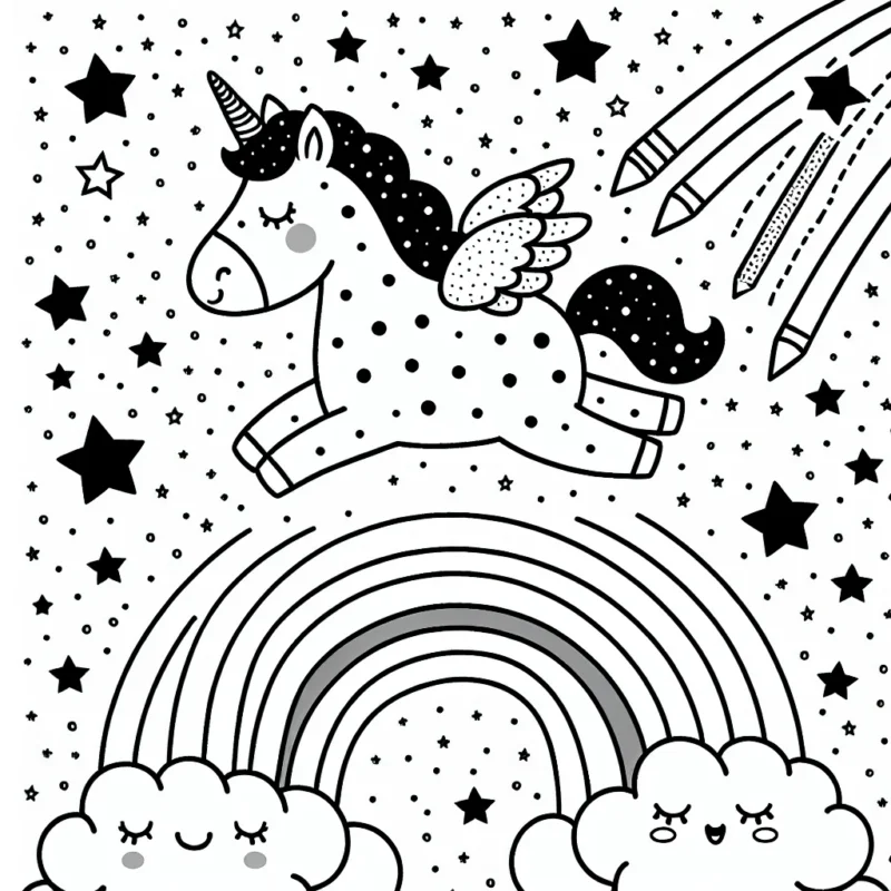 Une adorable licorne à pois volant au-dessus d'un arc-en-ciel et sous une pluie d'étoiles filantes