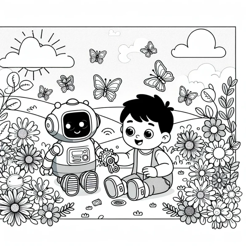 Un petit garçon s’amuse avec son robot extra-terrestre dans son jardin plein de fleurs et de papillons
