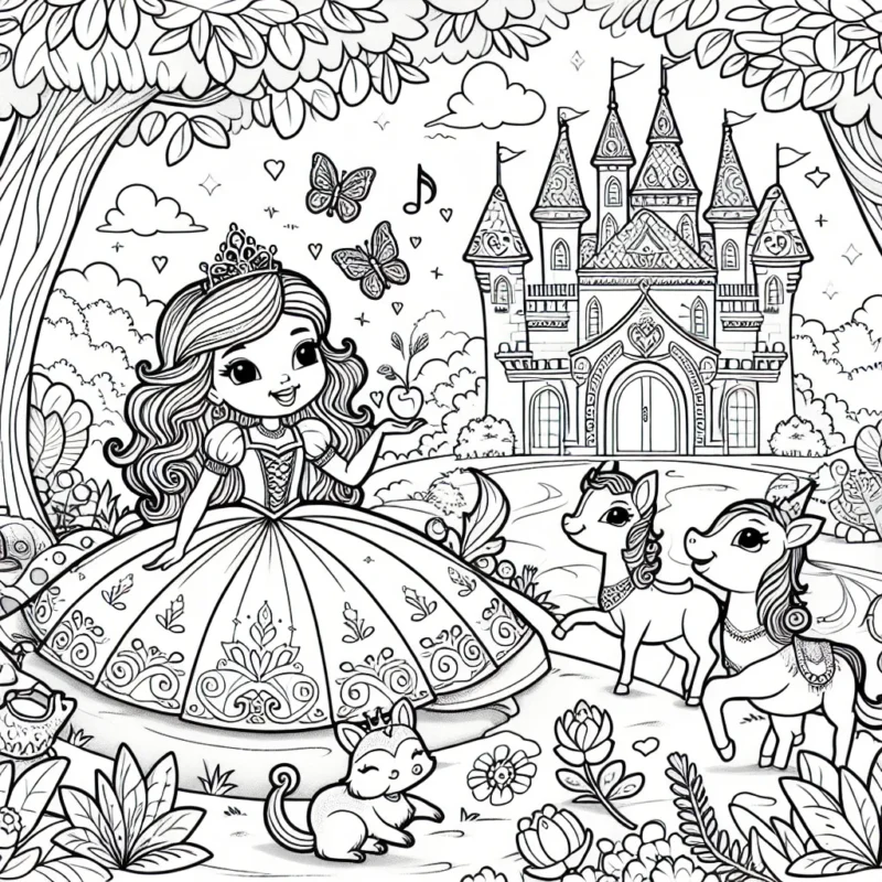 Un dessin de princesse dans son château magique, entourée de ses amis animaux dans un magnifique jardin magique.