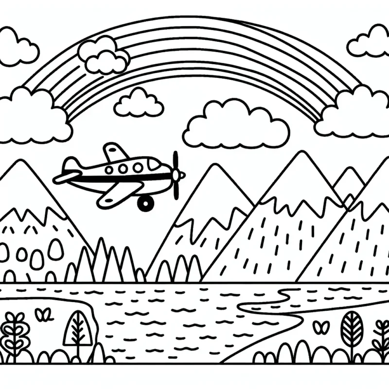 Un groupe d'avions volant au-dessus d'un paysage montagneux avec un arc-en-ciel