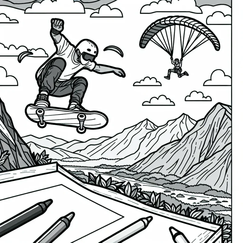 Un skateur exécutant un saut audacieux au-dessus d'une rampe avec un fond de montagne rocheuse, un parapentiste dans le ciel et un plongeur de falaise au loin