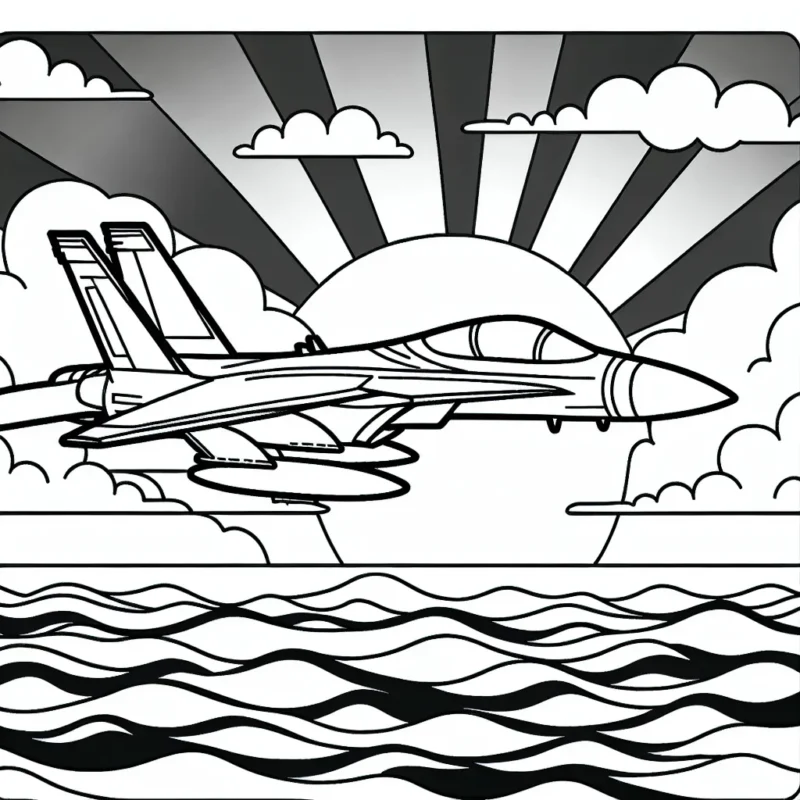 Dessine un avion de chasse en plein ciel survolant l'océan avec un coucher de soleil en arrière-plan