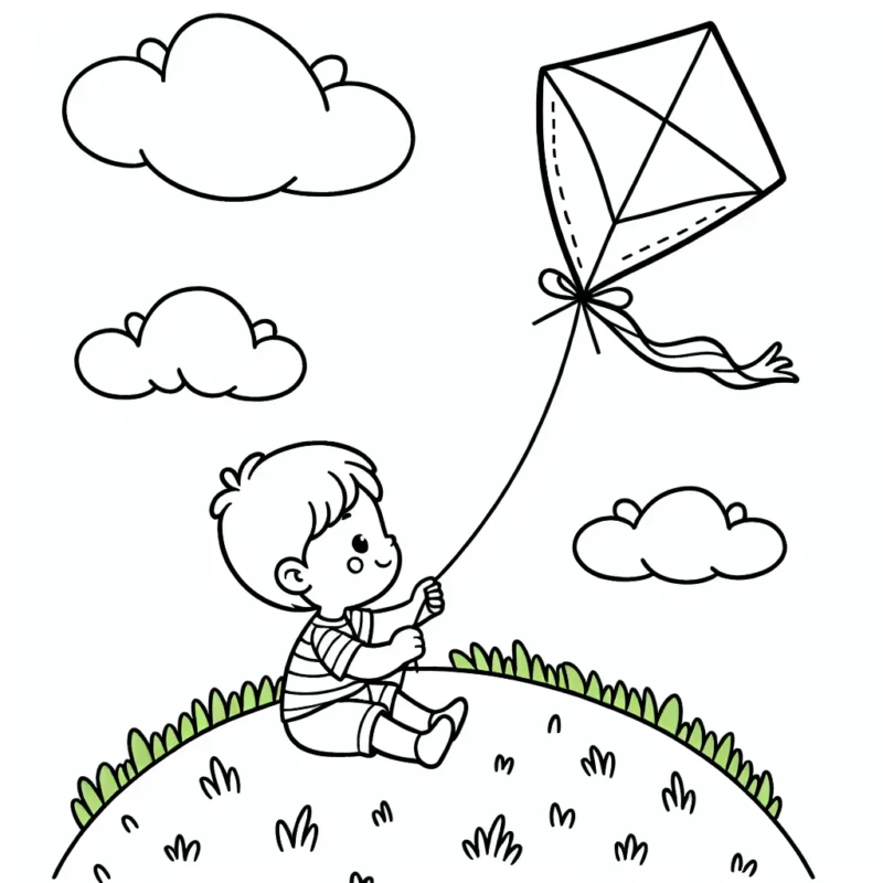 Un petit garçon assis au sommet d'une colline verdoyante, tient un cerf-volant avec une queue ondulant sous un ciel parsemé de nuages.