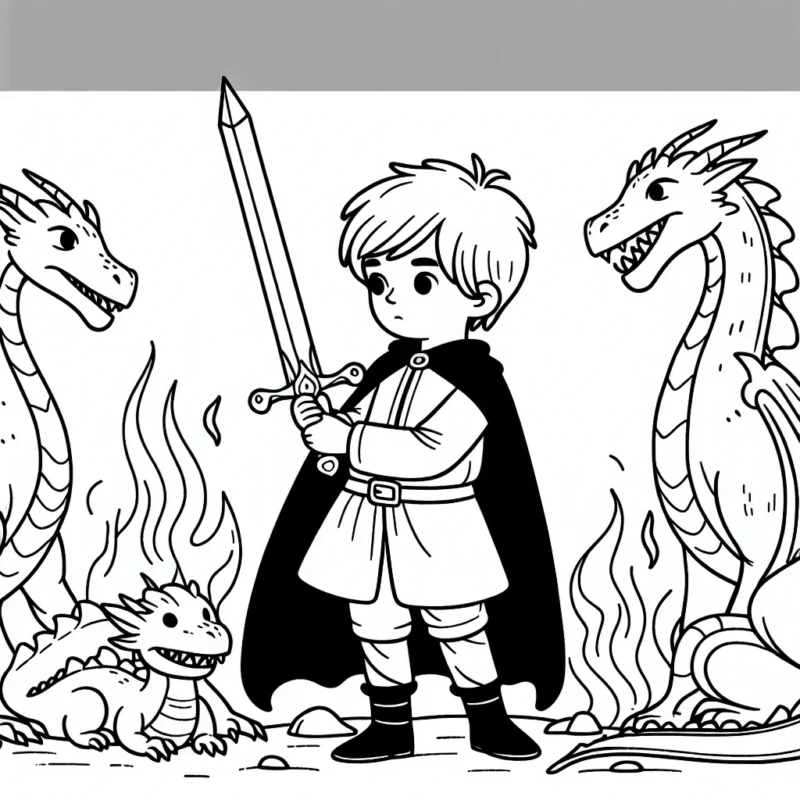 Un petit garçon courageux protégeant son royaume des dragons féroces avec son épée enchantée.