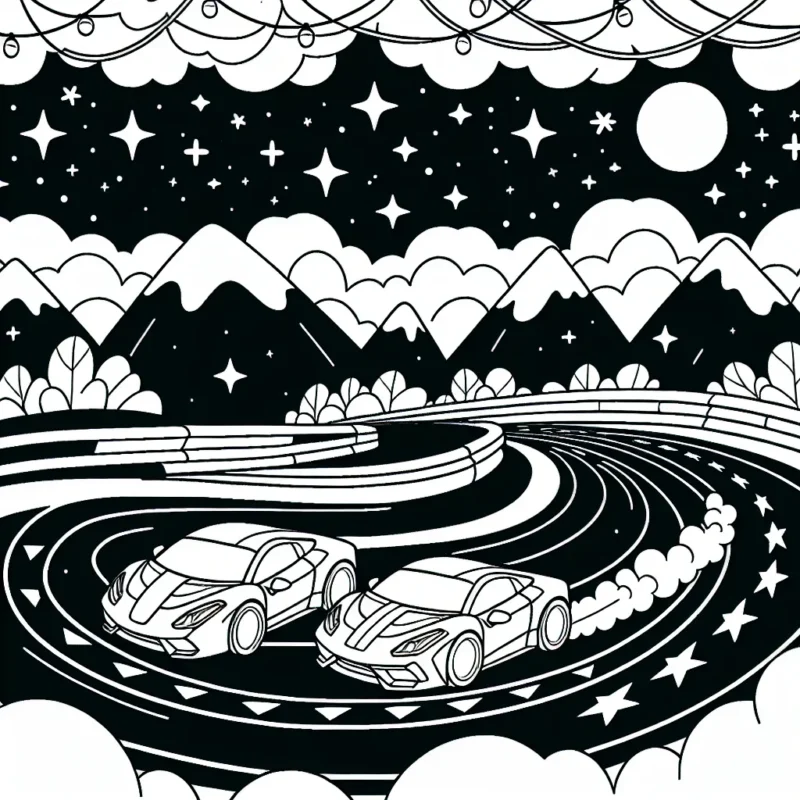 Dessinez une course animée de voitures de sport sur une piste sinueuse, avec de jolies montagnes et un beau ciel étoilé en arrière-plan.