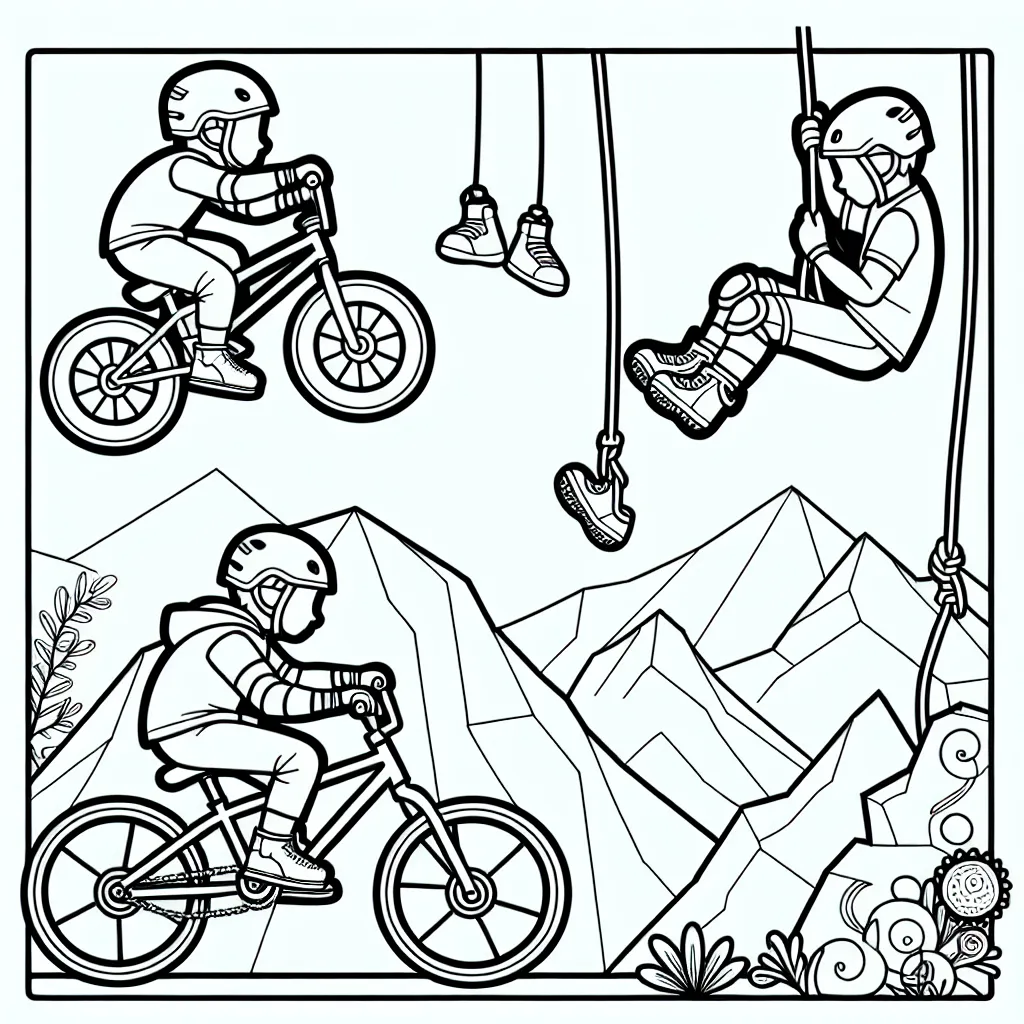 Sur cette page, tu trouveras un dessin d'un enfant faisant du bmx, de l'escalade, et du saut à l'élastique. Les trois sports sont présentés de manière dynamique, avec beaucoup de détails pour rendre le coloriage plus attrayant et réaliste.