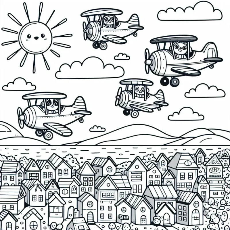 Dans le ciel de l'après-midi, un groupe de quatre avions survolent une ville animée. Le soleil brille haut et les petites maisons colorées en dessous ajoutent à l'atmosphère joyeuse. Chaque avion est unique, avec des pilotes animaux amusants à bord. Êtes-vous prêt à donner vie à ce paysage aérien ?