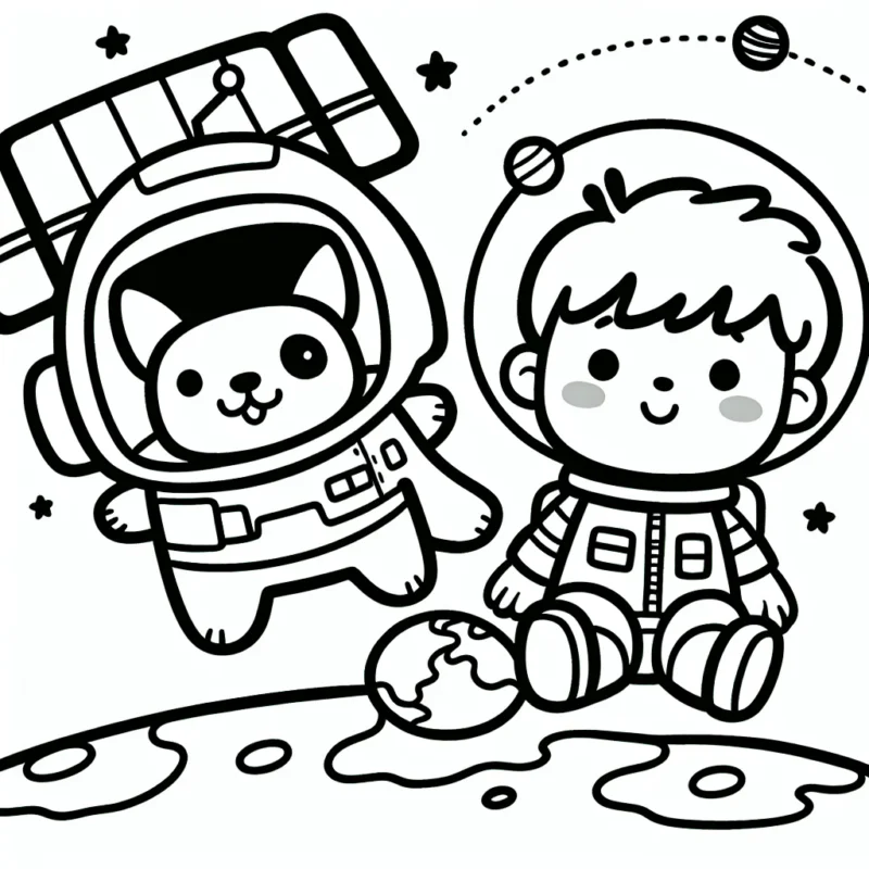 Un petit garçon astronaute avec son chien spatial flottant à côté d'une station spatiale avec la terre en toile de fond