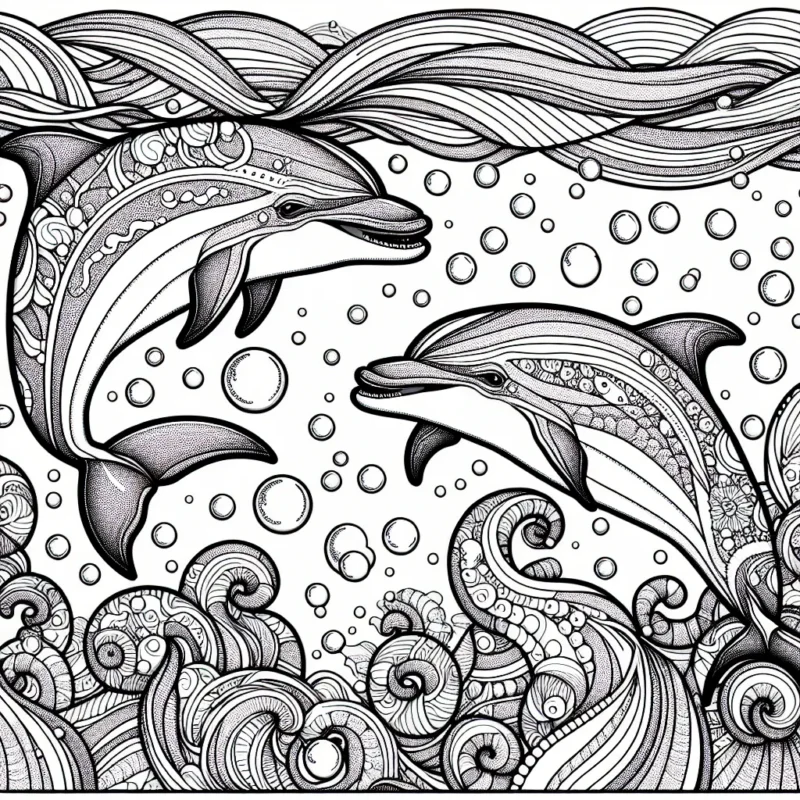Dessinez une bande amusante de dauphins arc-en-ciel qui jouent avec des bulles sous une mer détaillée.