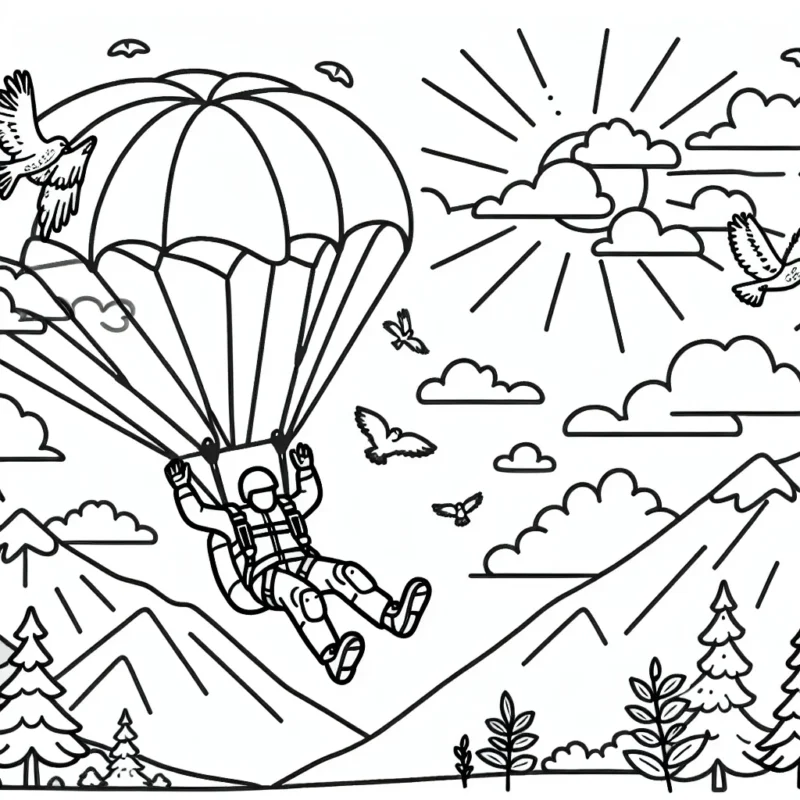 Imagine un saut en plein vol d'un parachutiste d'extrême, où l'aventurier se précipite à travers le ciel, entouré par des oiseaux et des nuages. Dessine aussi des montagnes, des arbres et le soleil dans le fond.