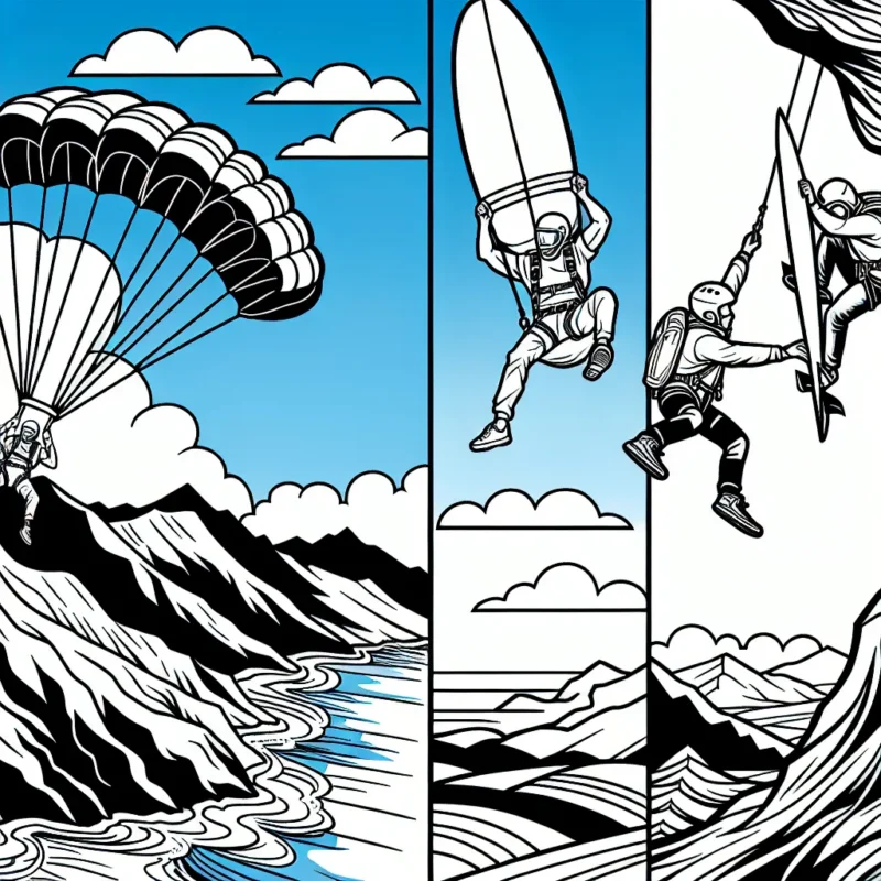 Des aventures sportives extrêmes se déroulent devant toi, prêtes à prendre vie avec tes couleurs ! Peux-tu colorier le sauteur en parachute volant dans le ciel bleu, le surfeur chevauchant une vague gigantesque et l'escaladeur grimpant une falaise abrupte ?