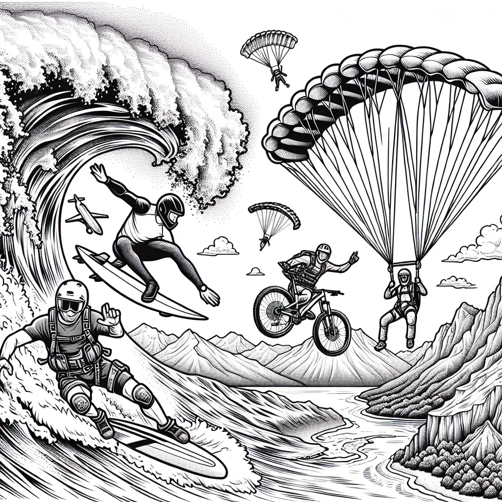 Un athlète effectue des figures spectaculaires sur une planche de surf, alors qu'une vague énorme se dresse derrière lui. Un autre parachutiste descend avec son parachute, alors qu'un alpiniste est sur le point de monter une montagne escarpée. Derrière eux, un vététiste réalise une descente vertigineuse. Tous ces sports sont pratiqués dans un environnement naturel impressionnant.