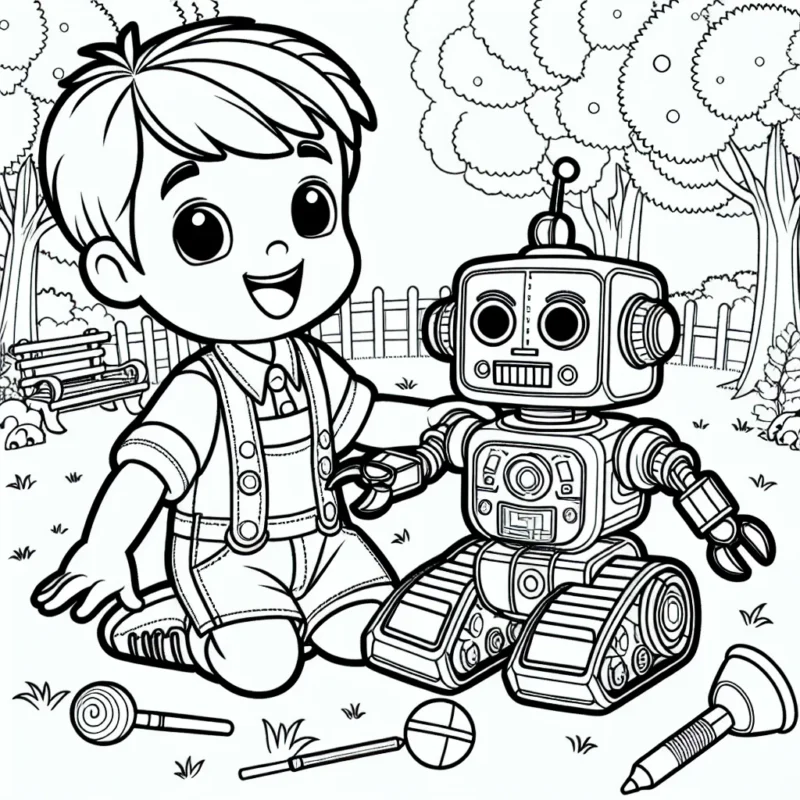 Un petit garçon joyeux qui joue avec un robot très détaillé dans un parc animé