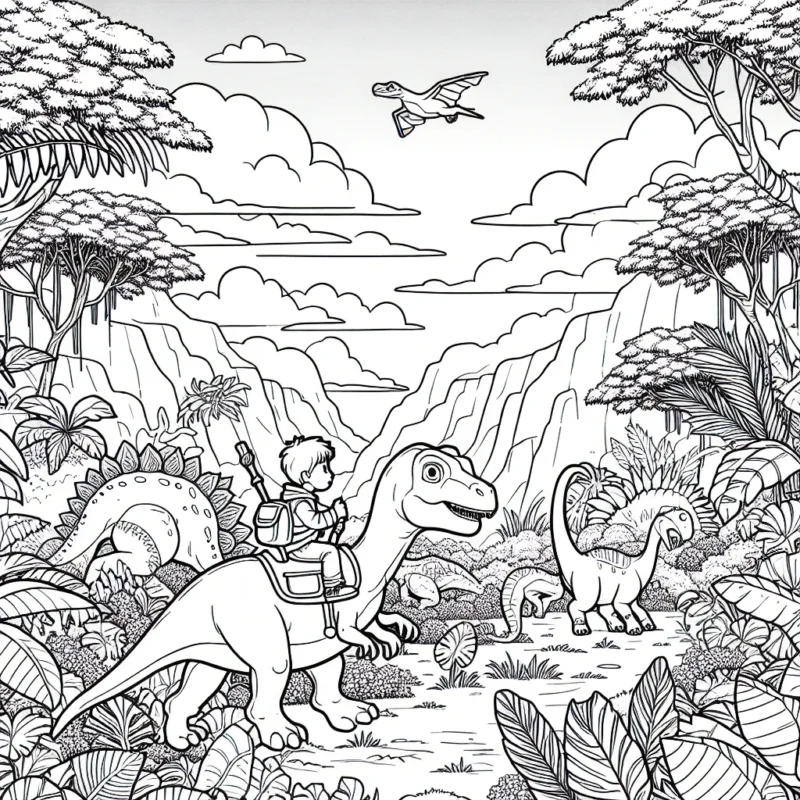 Un petit garçon courageux chevauche un gigantesque dinosaure à travers une jungle dense, rempli de plantes luxuriantes et d'autres dinosaures. Il est armé d'un bâton de recherche, prêt à explorer l'inexploré. Le ciel, rempli de nuages de différentes formes, offre un magnifique coucher de soleil.