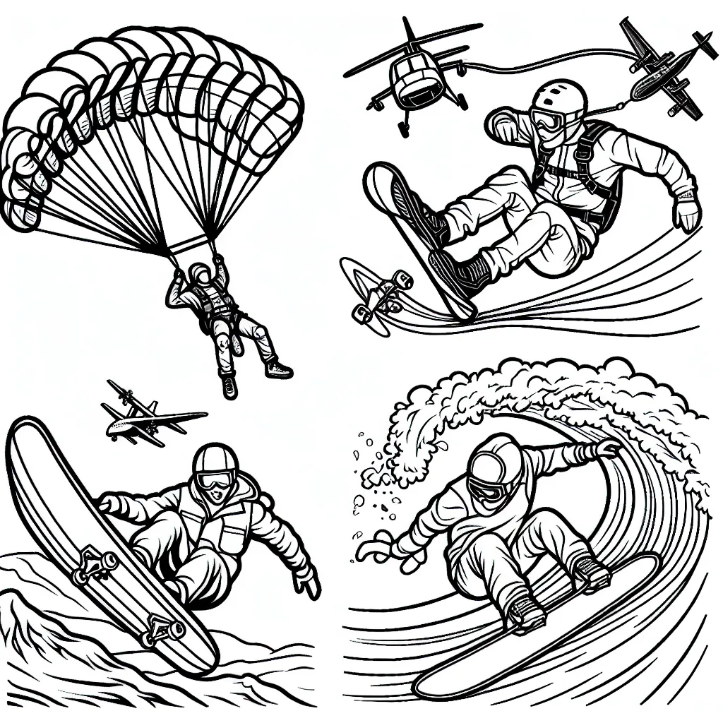 Un dessin de quatre sports extrêmes en plein action à colorier. Un parachutiste virevoltant dans le ciel bleu, un skater exécutant un saut à couper le souffle, un surfer chevauchant une vague énorme et un snowboarder dévalant une pente enneigée.