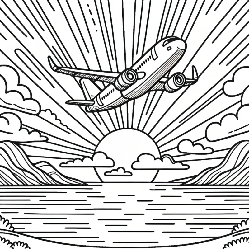 Dessine et colorie un avion en plein vol avec un magnifique coucher de soleil en arrière-plan.