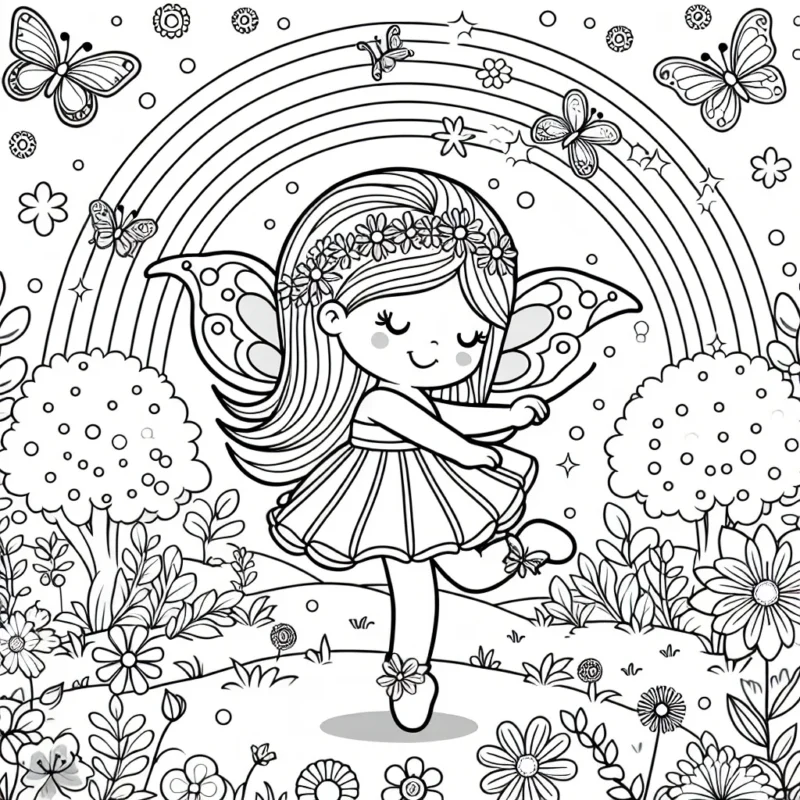 Une petite fée qui danse gracieusement dans un jardin émerveillé, virevoltant parmi les fleurs enchantées et les papillons colorés, sous un arc-en-ciel éblouissant.