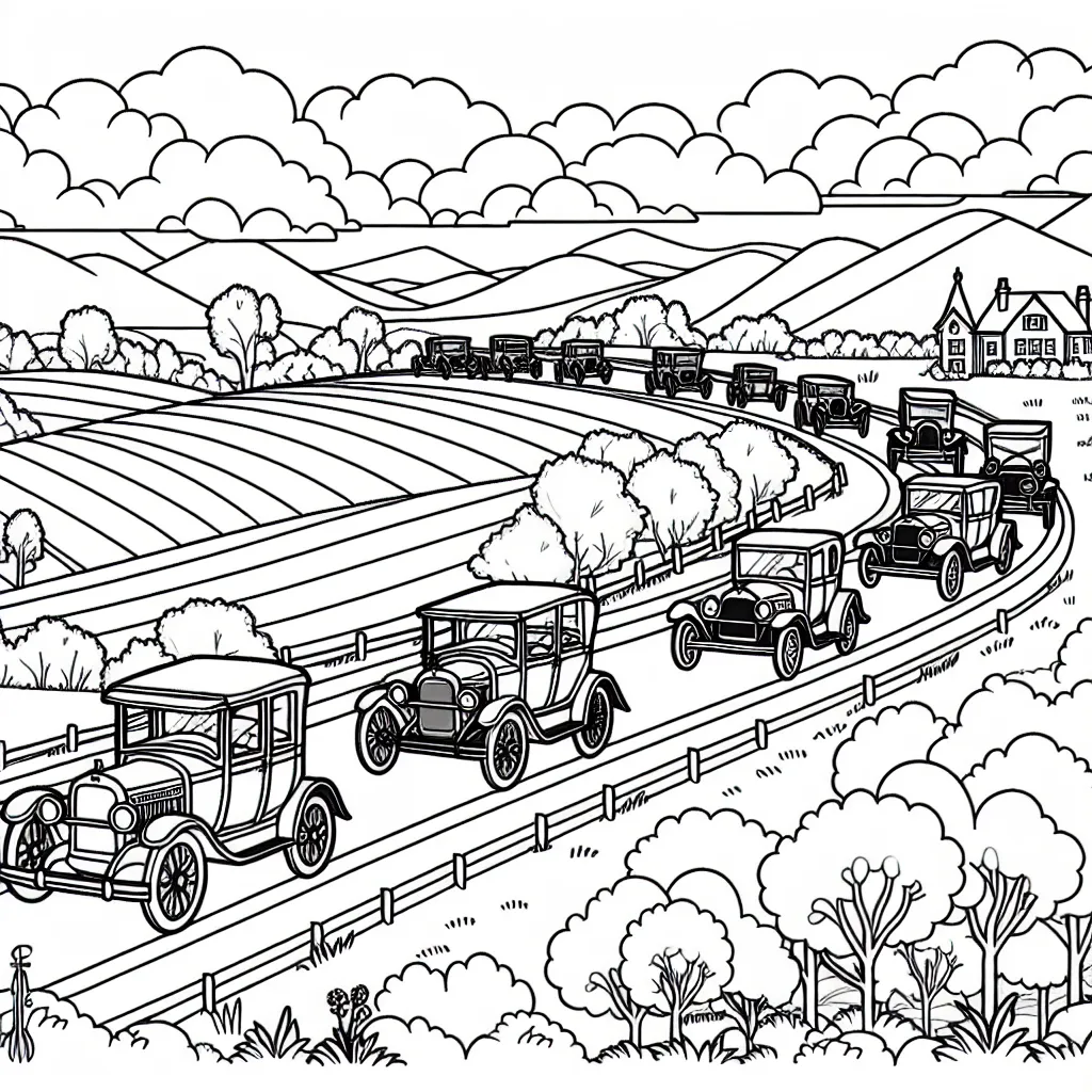 Un cortège de voitures classiques roulant sur une route de campagne vallonnée, avec un ciel nuageux en arrière-plan.