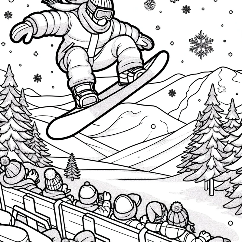Dépeignez une scène passionnante mettant en vedette un snowboarder effectuant un saut exaltant à grande vitesse sur une piste de montagne enneigée, alors que des spectateurs enthousiastes le suivent depuis la zone de spectateurs en bas.