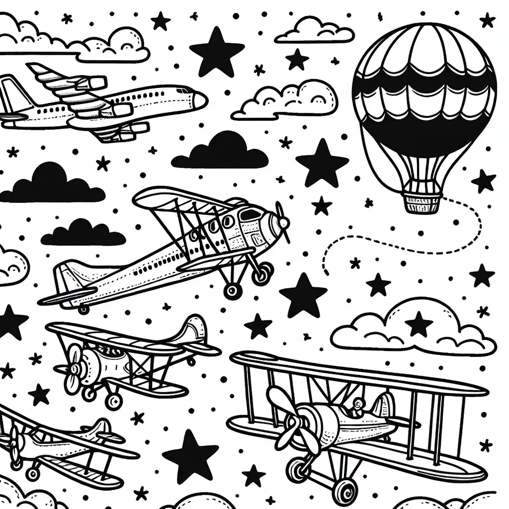 Ce dessin pour le coloriage présente un spectacle aérien excitant avec divers types d'avions volant dans le ciel étoilé. Il y a des jets rapides, des avions commerciaux avec passagers, des biplans vintage et même une montgolfière. Chaque avion a des lignes claires et précises pour faciliter le coloriage. Il y a aussi des étoiles et des nuages à colorier pour ajouter de la texture et une sensation de profondeur à l'image.